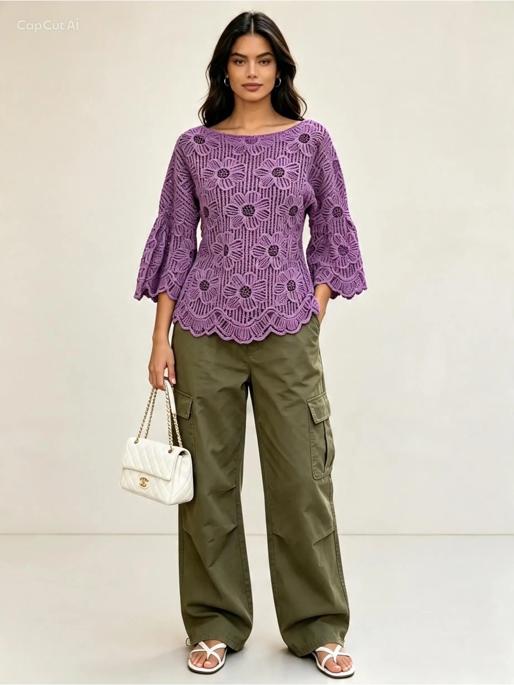 Boho Crochet Blouse Purple Size Small Bell Sleeves Festival Bohemian streetstyle